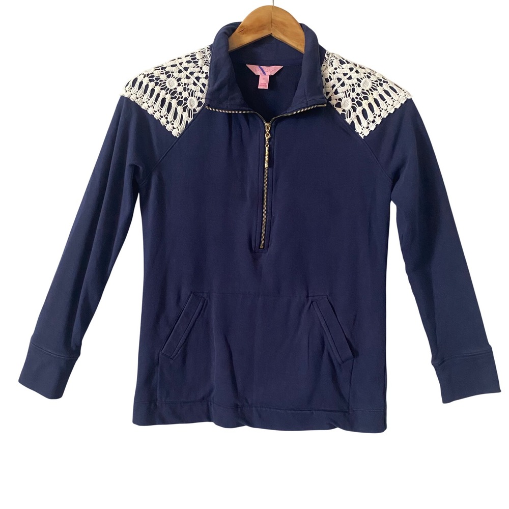 Lilly Pulitzer Navy Blue Sz XS Preppy‎ Crochet Lace Shoulder Half Zip Pullover